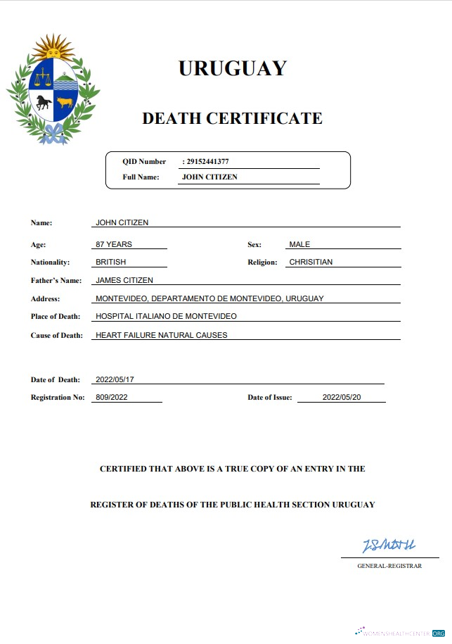 Download Uruguay death certificate Word and PDF template Photoshop template